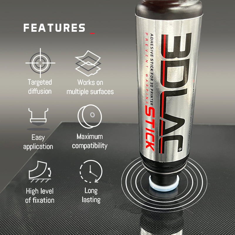 Infografia com as propriedades da cola em stick 3DLAC Stick Water para impressão 3D