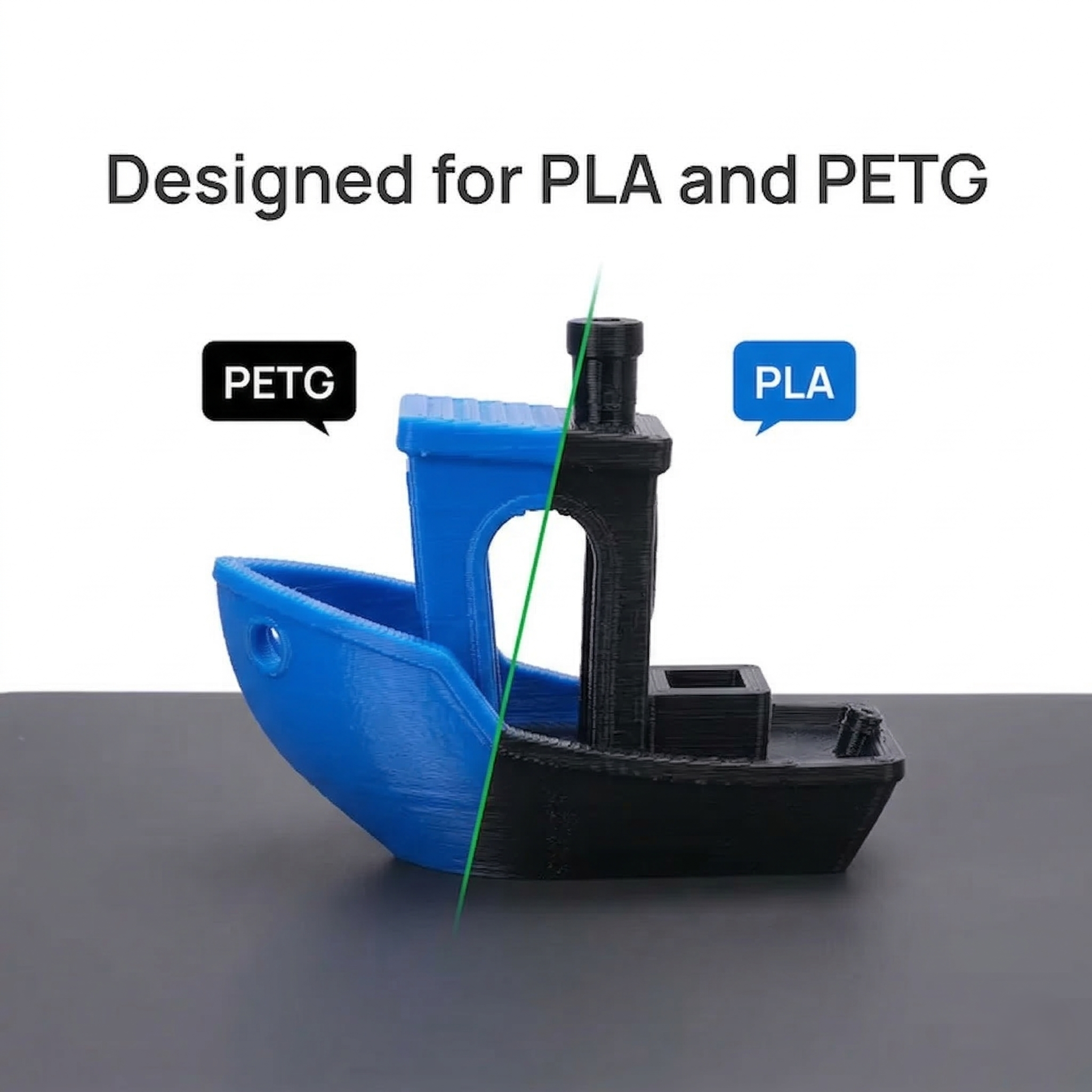 Impressão do modelo Benchy em PLA e PETG na base Cool Plate