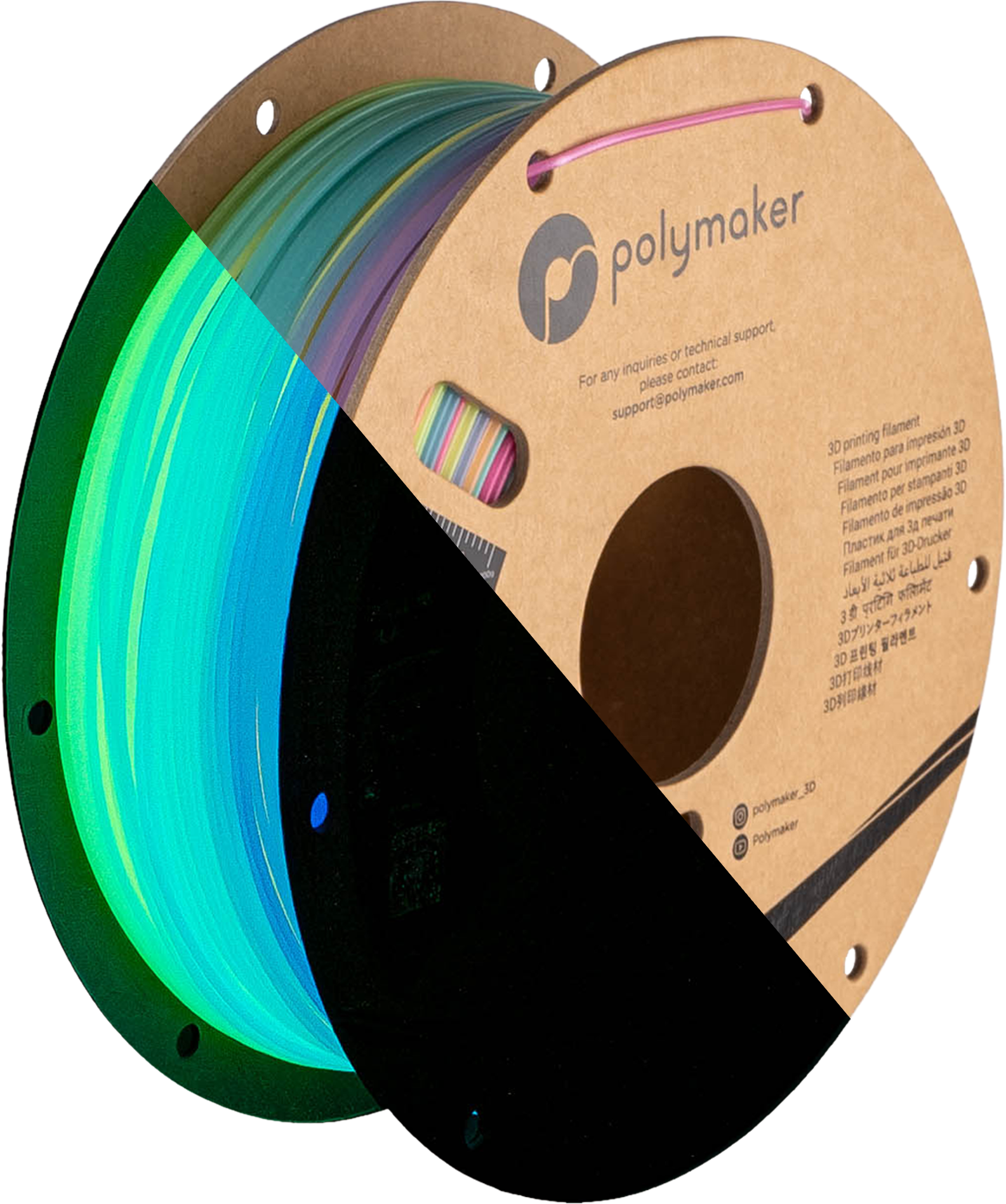 Spool of PLA luminous rainbow filament, Polymaker, 1.75 mm