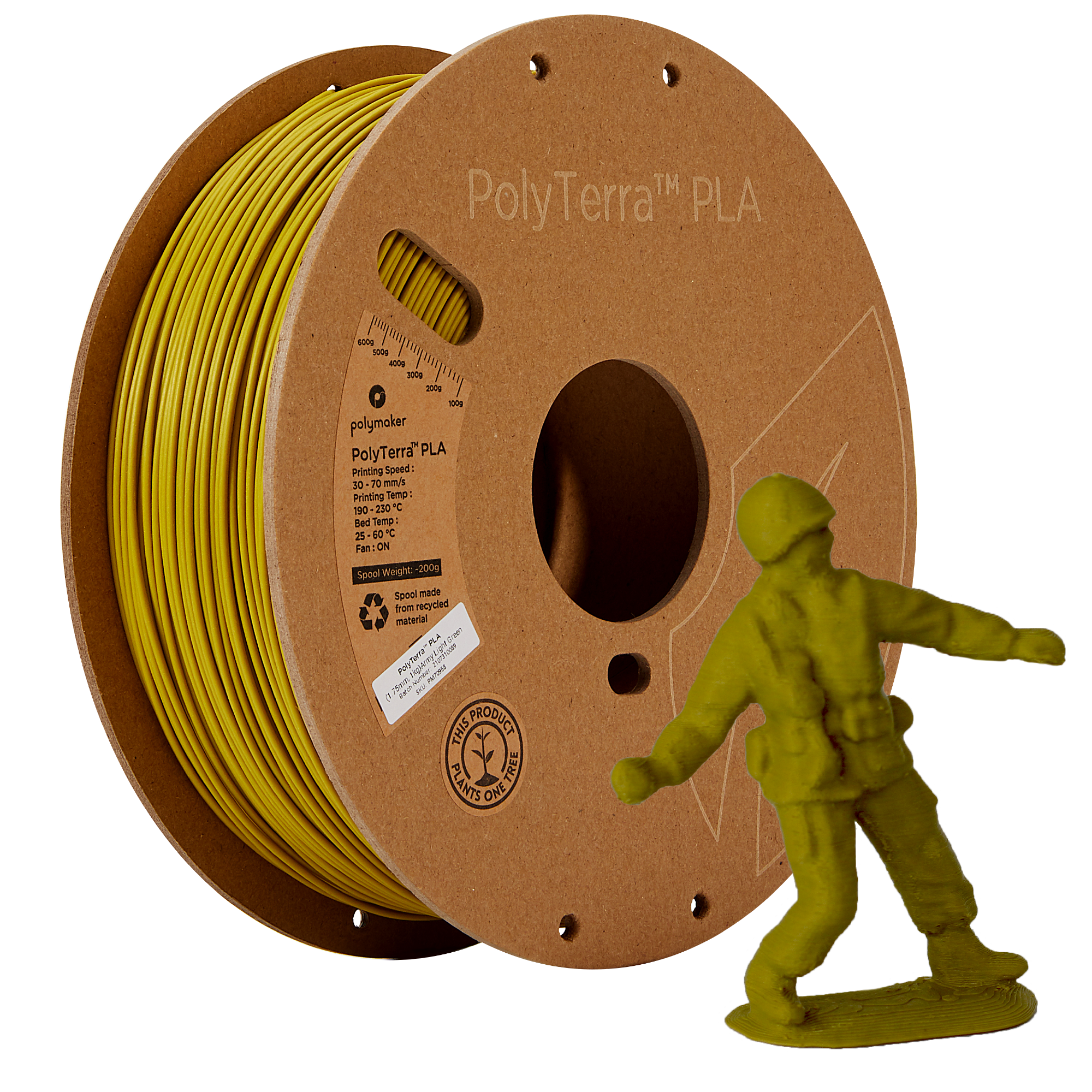 Bobina de filamento PLA verde militar mate, Polymaker, 1,75 mm