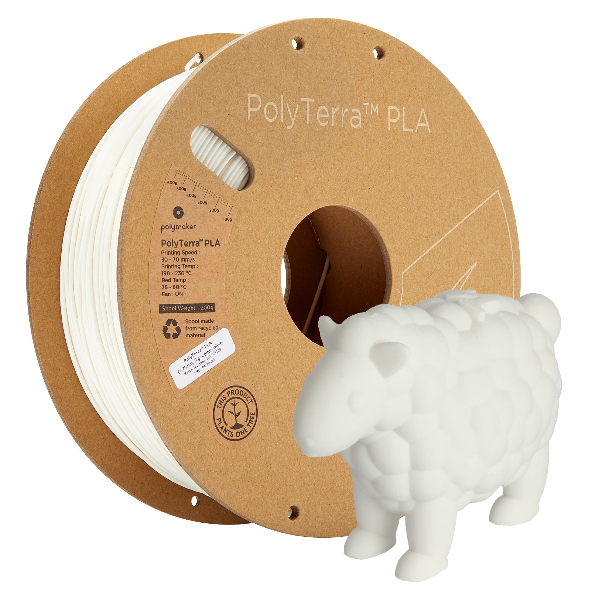 Spool of PLA matte white filament, Polymaker, 1.75 mm