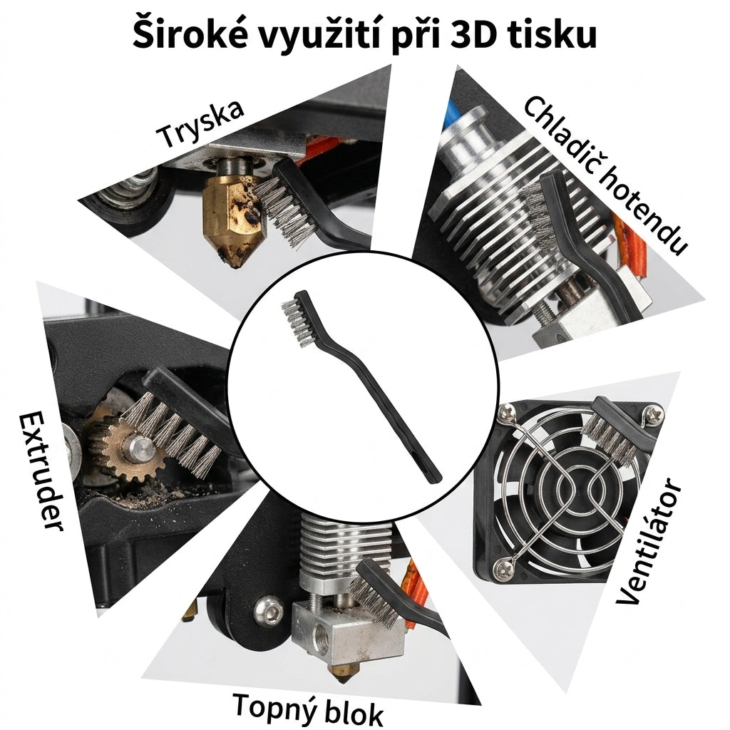 Utilização da escova metálica para limpar a impressora 3D: bico, dissipador do hotend, ventoinha, bloco de aquecimento e extrusor