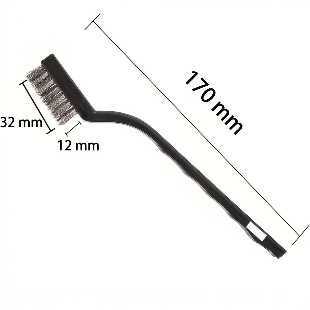 Escova metálica em aço inoxidável com cabo de plástico preto, 170 mm de comprimento, cabeça de 32 × 12 mm
