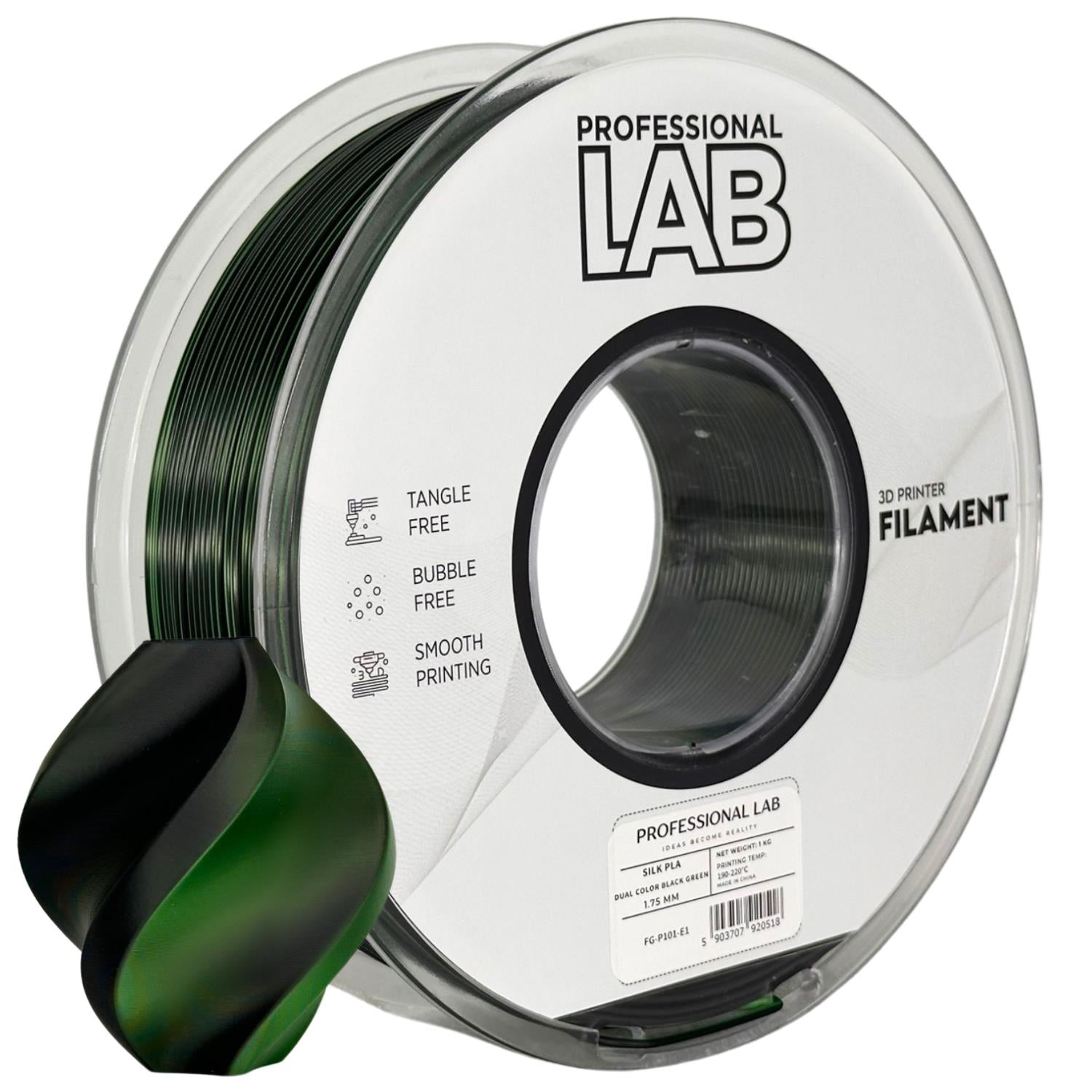 Bobina de filamento Silk PLA Dual Color preto verde, Prof. Lab, 1,75 mm