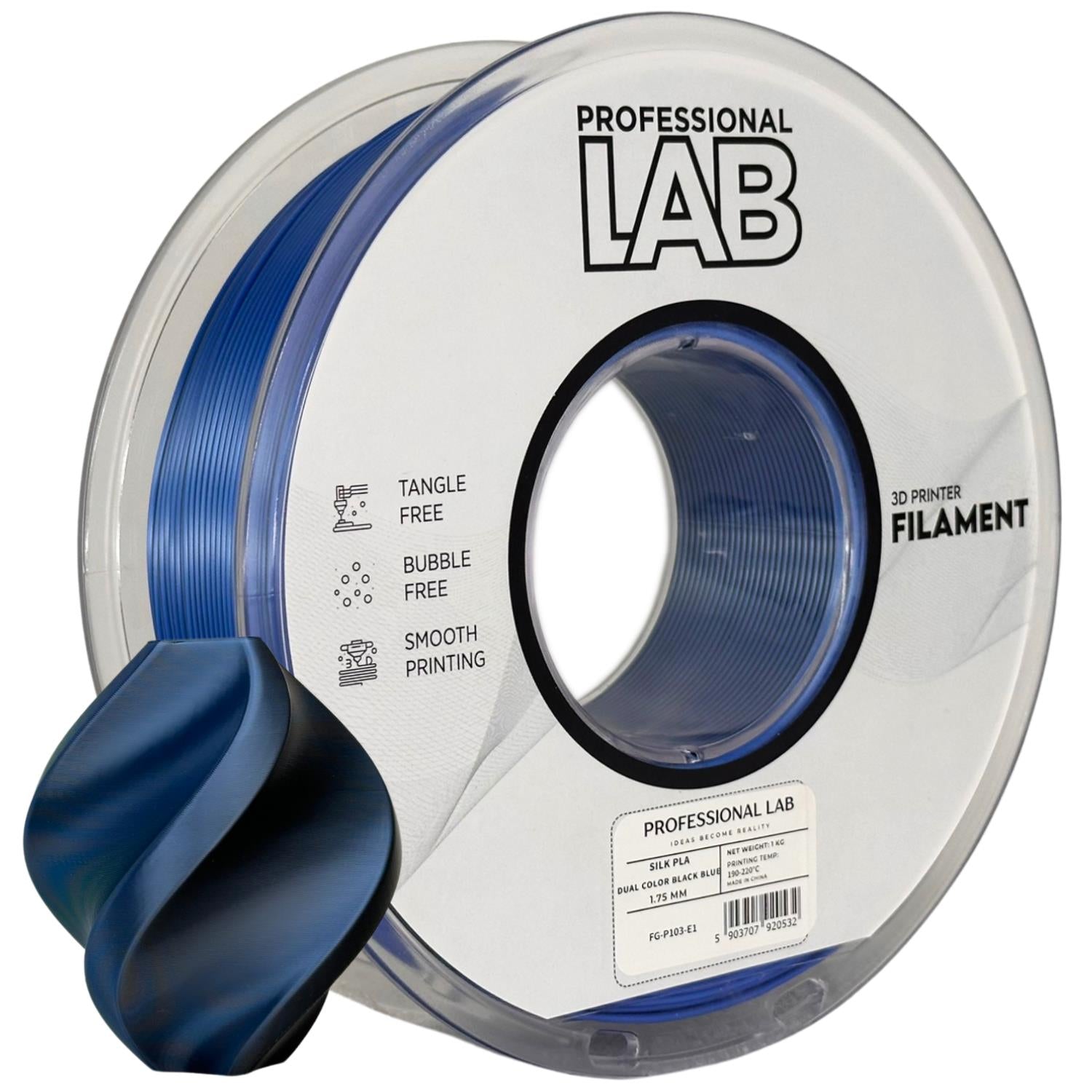 Spool of Silk PLA Dual Color black blue filament, Prof. Lab, 1.75 mm