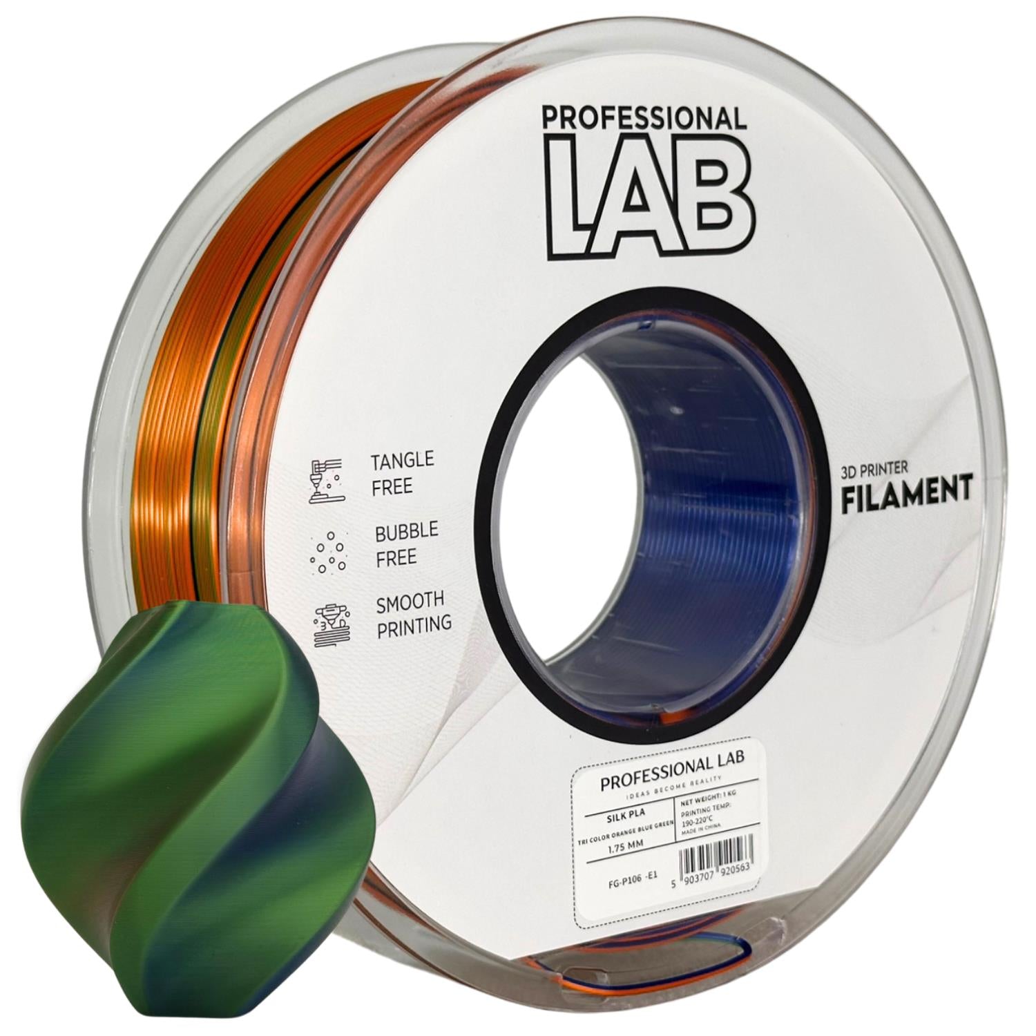 Bobina de filamento Silk PLA Tri Color laranja azul verde, Prof. Lab, 1,75 mm