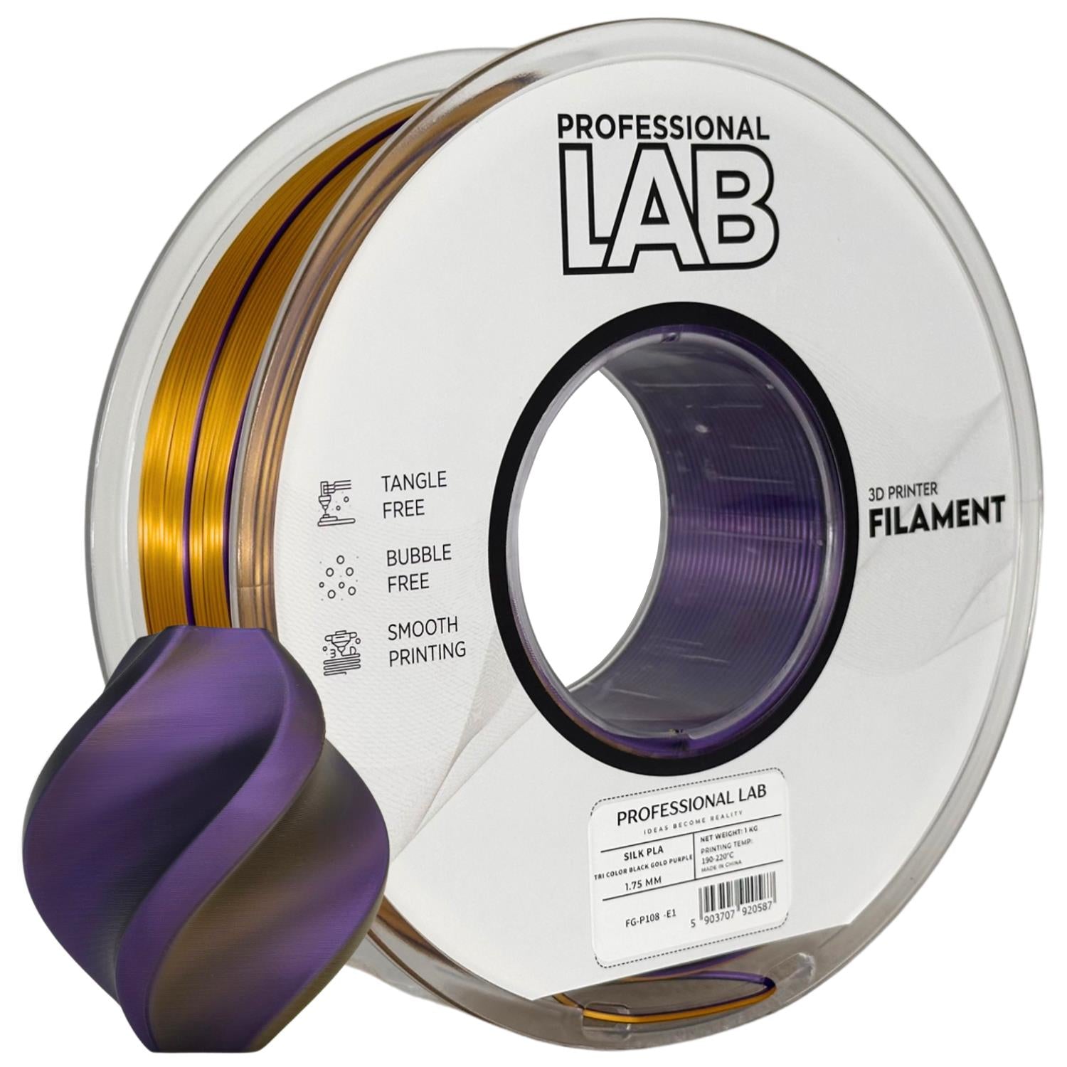 Spool of Silk PLA Tri Color black gold purple filament, Prof. Lab, 1.75 mm