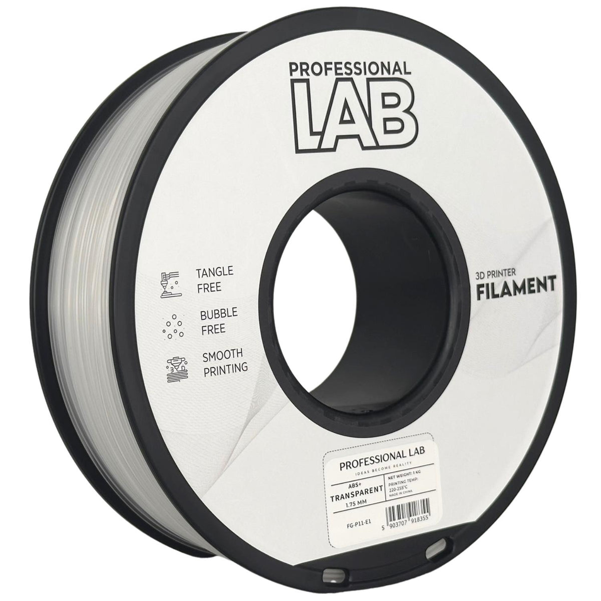 Bobina de filamento ABS+ transparente, Prof. Lab, 1,75 mm
