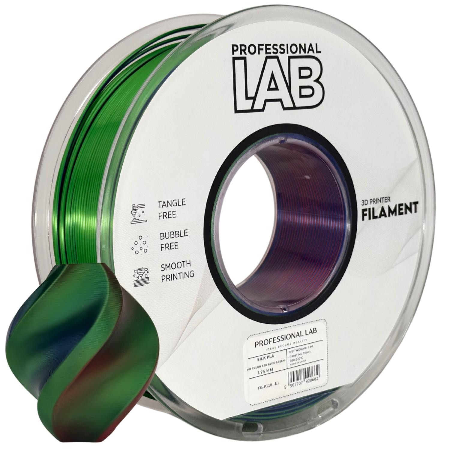 Spool of Silk PLA Tri Color red blue green filament, Prof. Lab, 1.75 mm