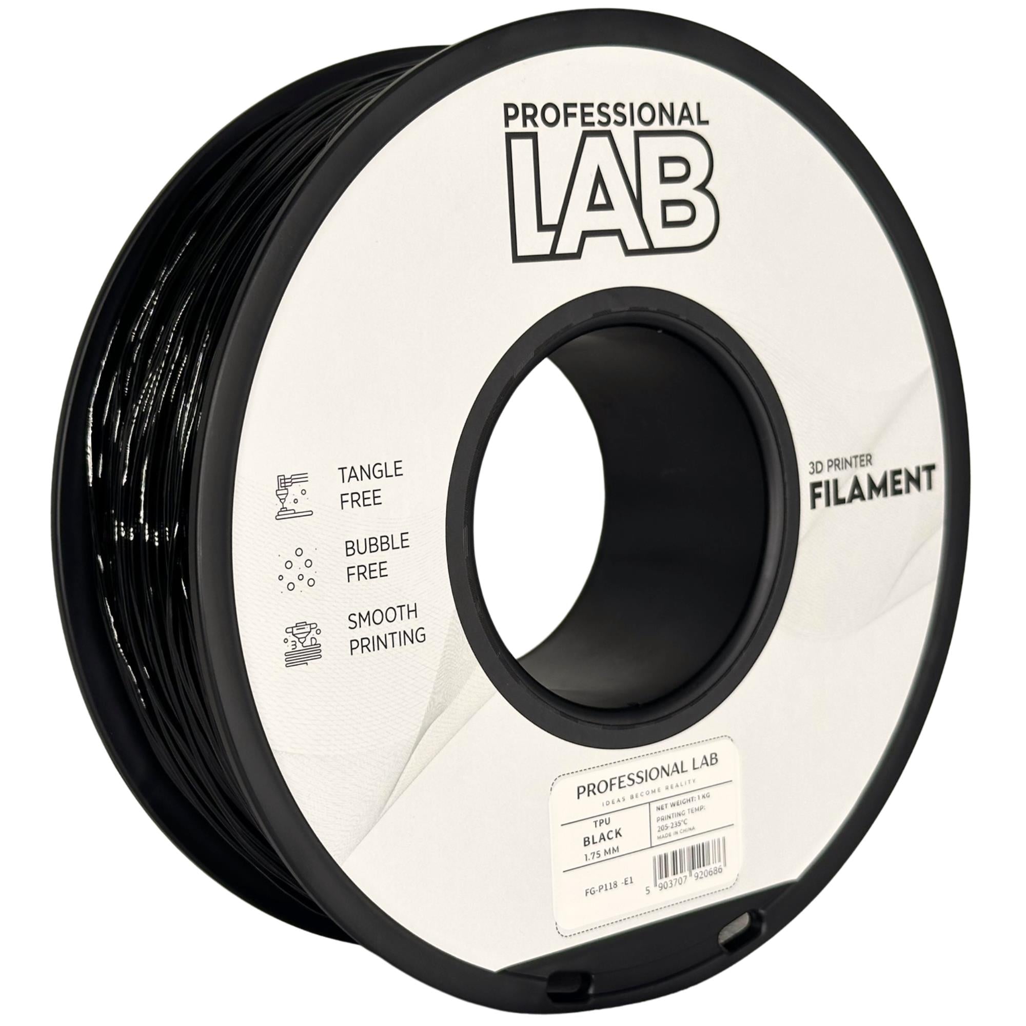 Bobina de filamento TPU preto, Prof. Lab, 1,75 mm