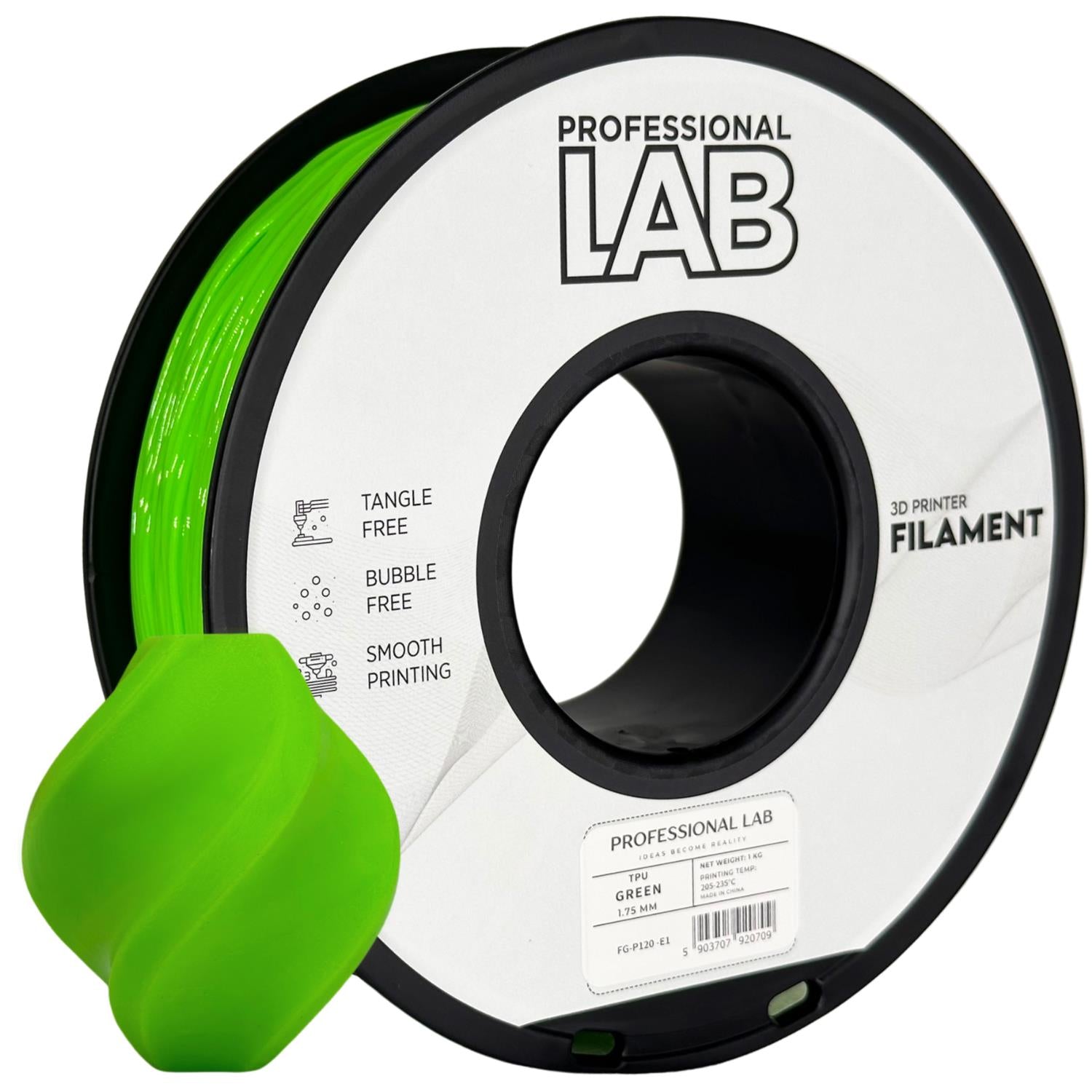 Bobina de filamento TPU verde, Prof. Lab, 1,75 mm