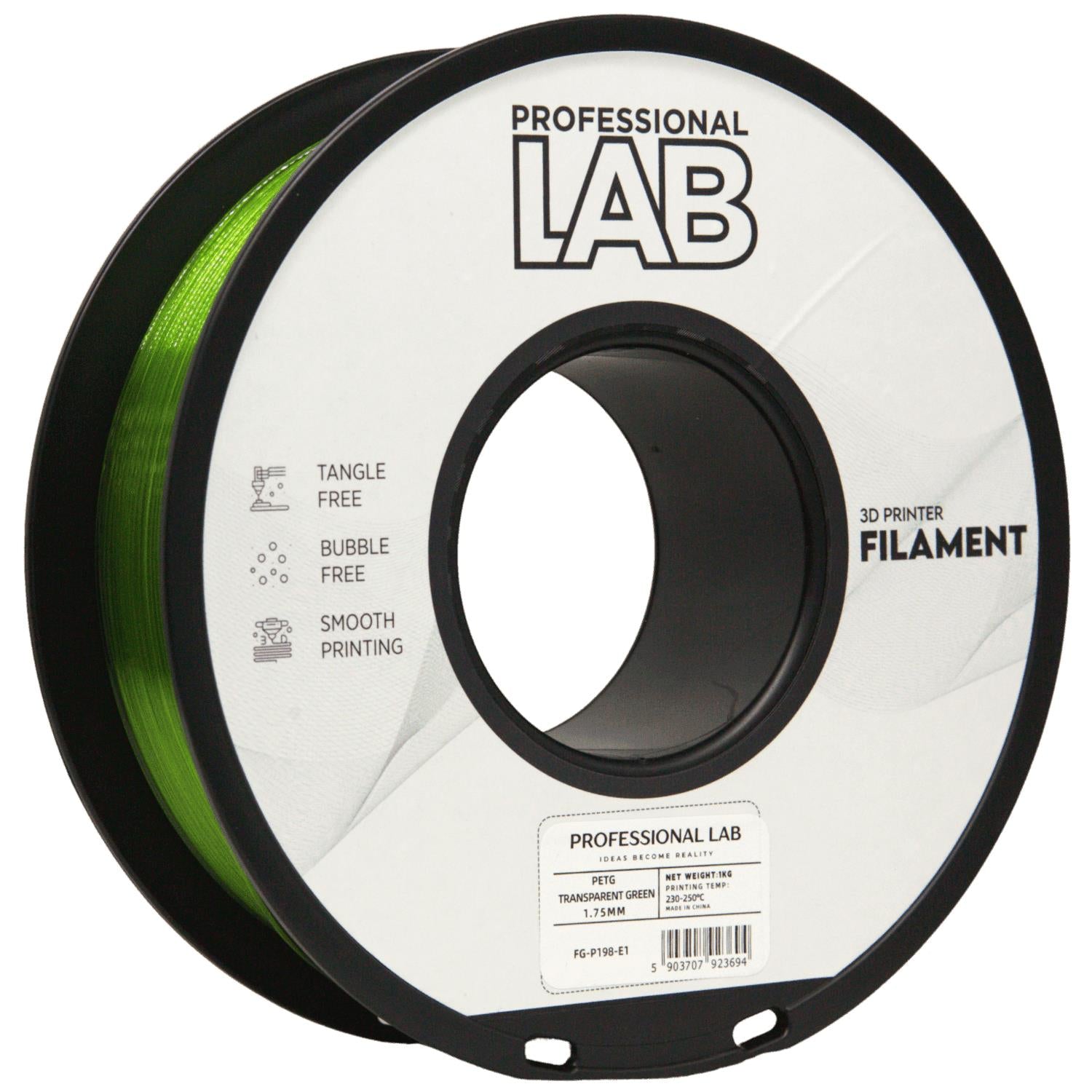 Spool of PETG transparent green filament, Prof. Lab, 1.75 mm