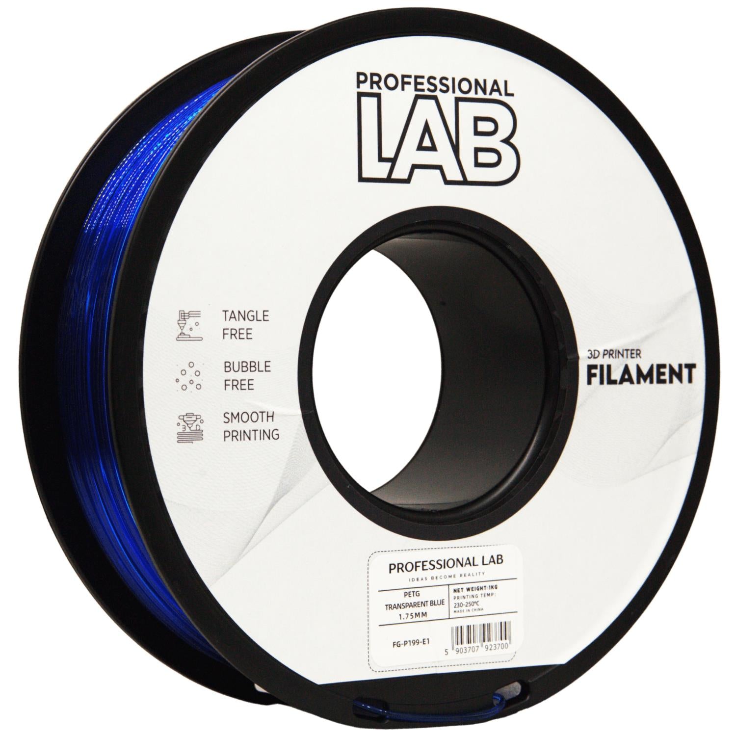 Bobina de filamento PETG azul transparente, Prof. Lab, 1,75 mm