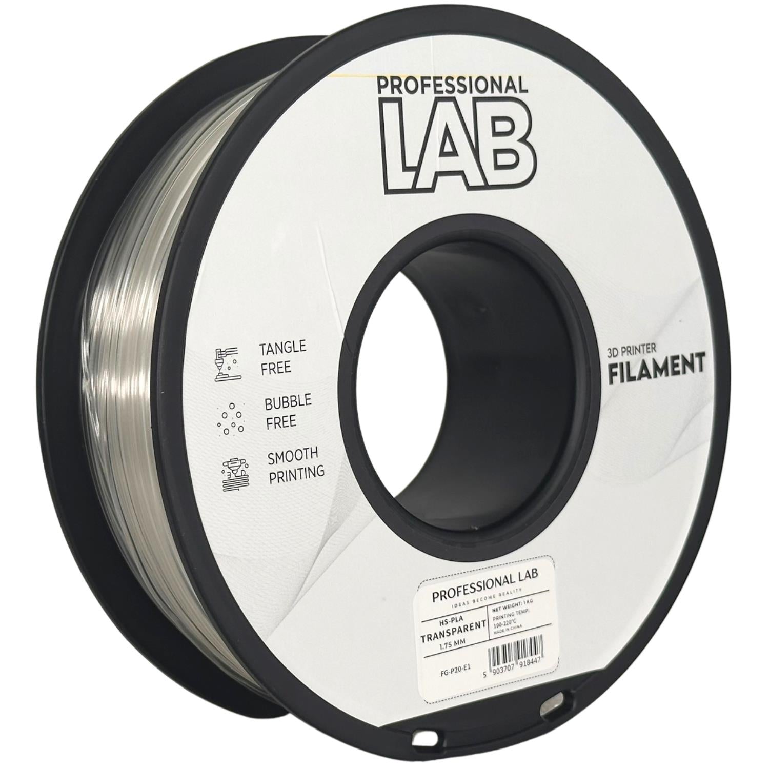 Bobina de filamento HS-PLA transparente, Prof. Lab, 1,75 mm