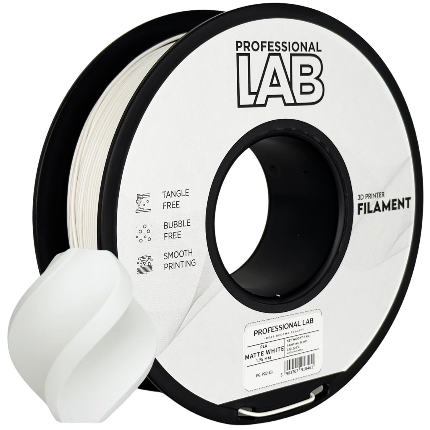 Bobina de filamento PLA branco mate, Prof. Lab, 1,75 mm