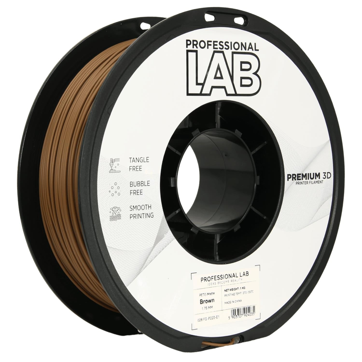 Bobina de filamento PETG castanho mate, Prof. Lab, 1,75 mm