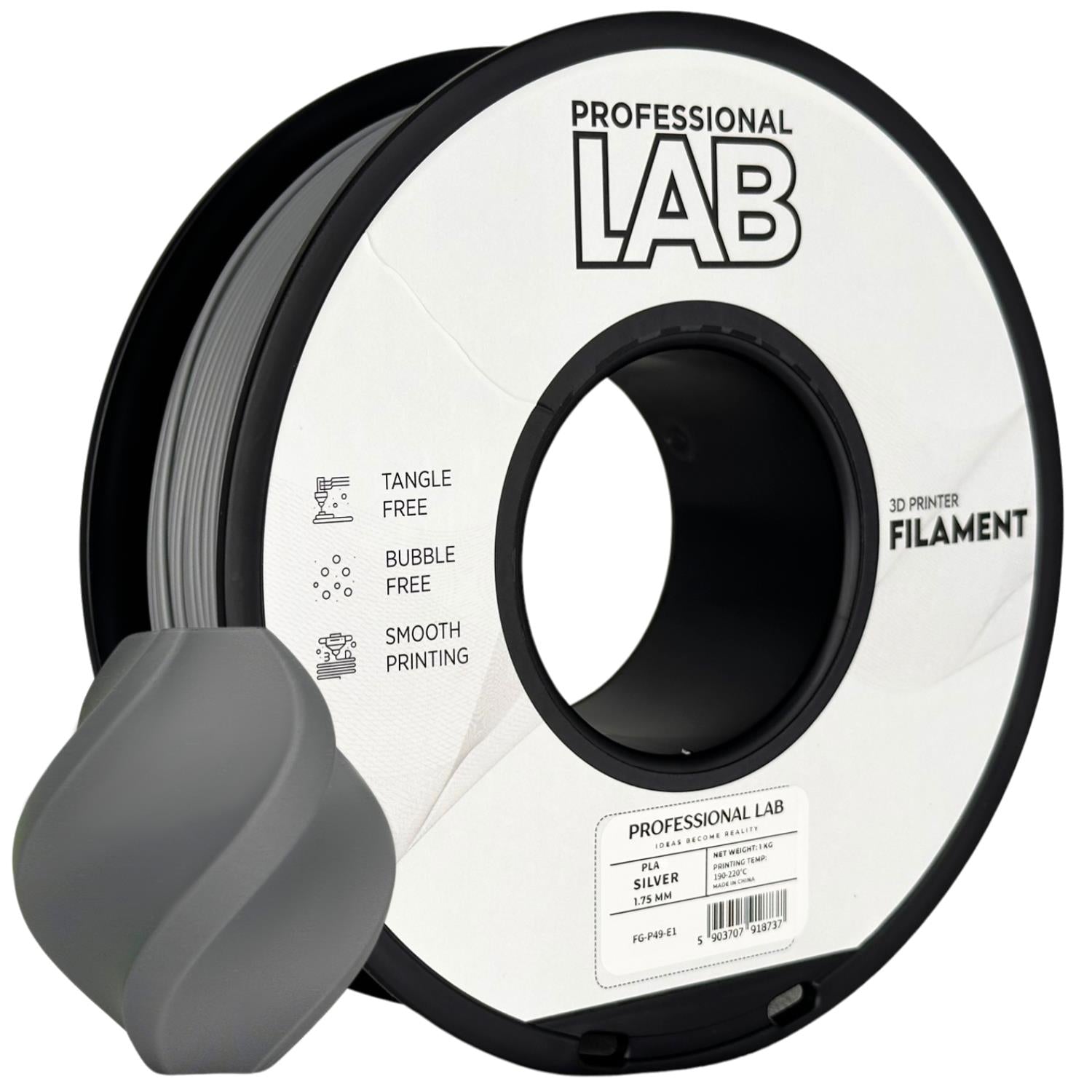 Spool of PLA silver filament, Prof. Lab, 1.75 mm