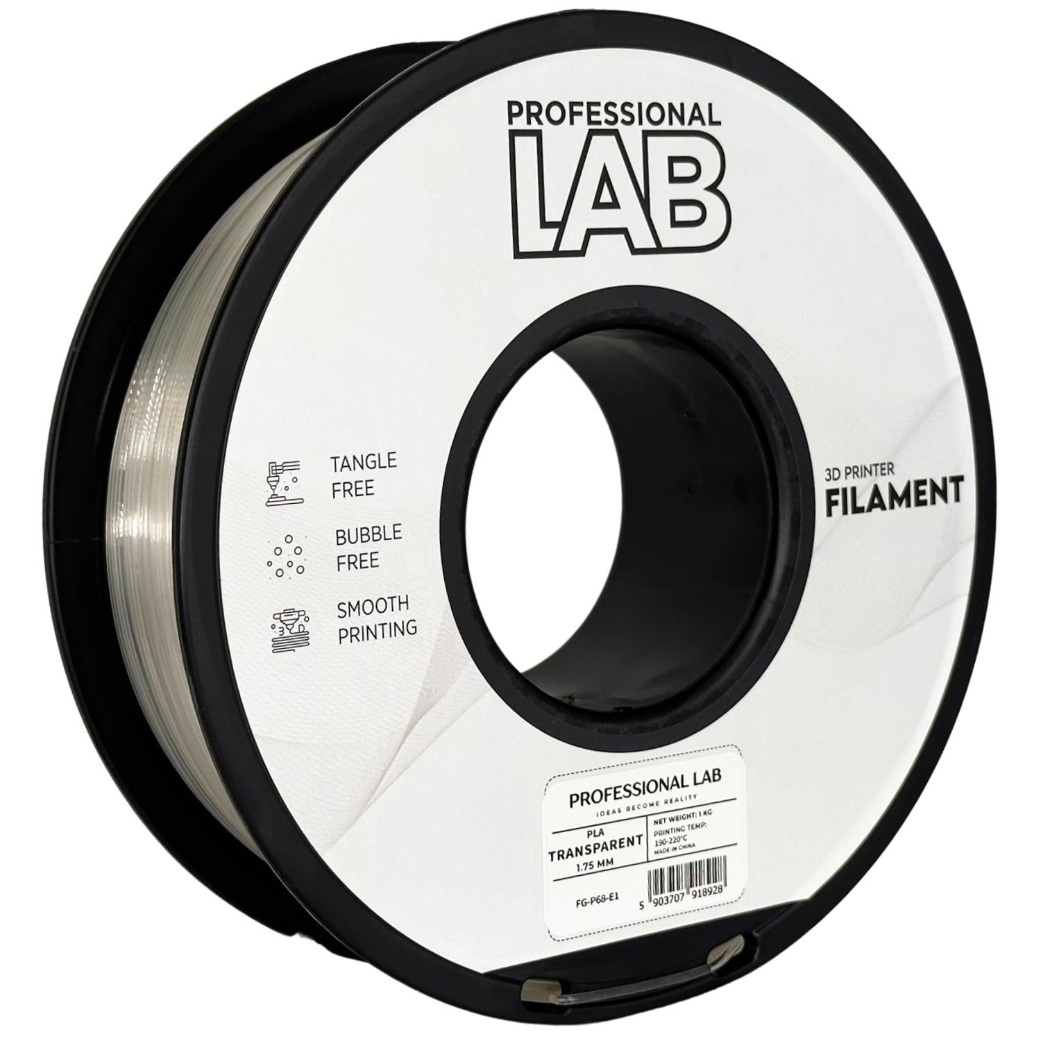 Bobina de filamento PLA transparente, Prof. Lab, 1,75 mm