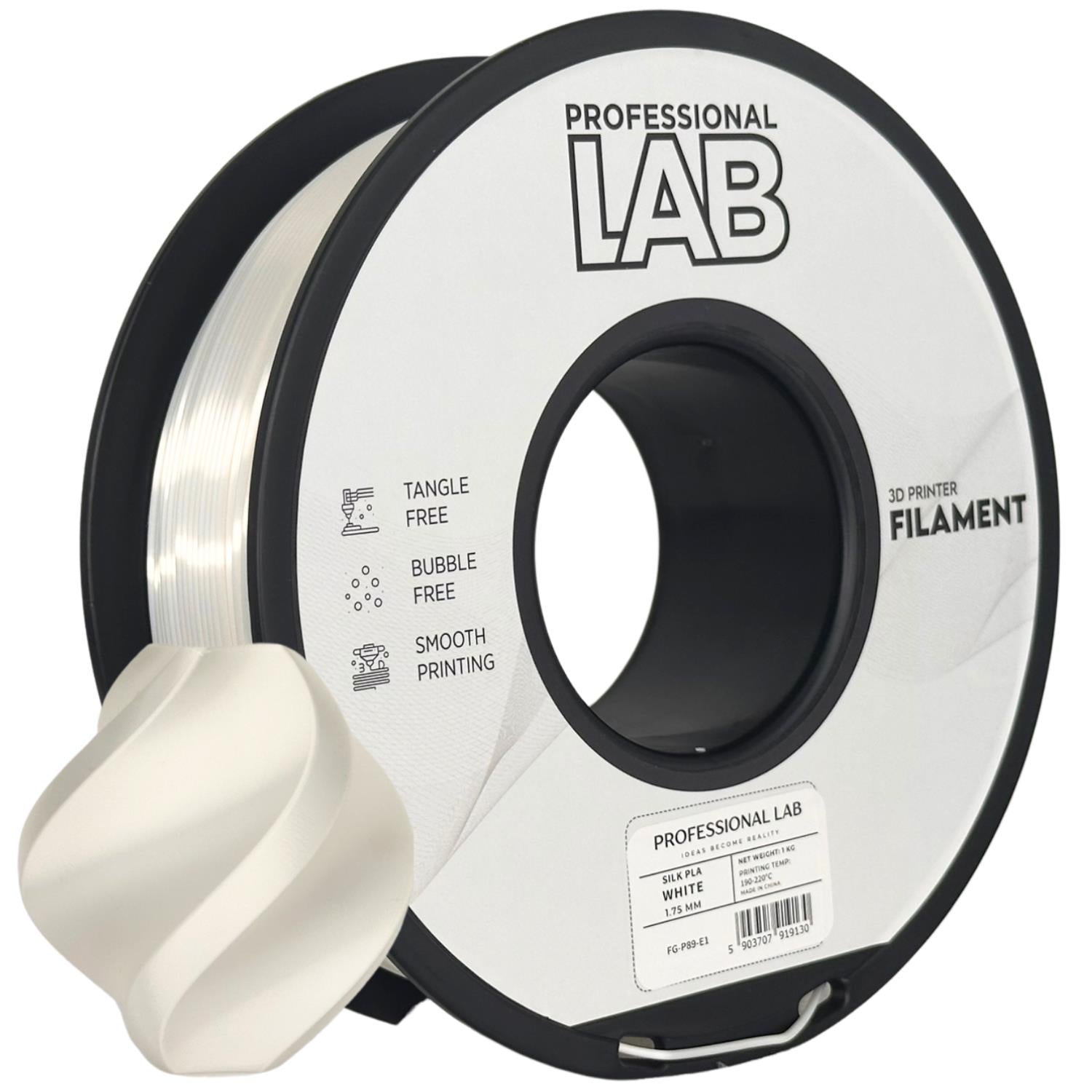 Bobina de filamento Silk PLA branco, Prof. Lab, 1,75 mm