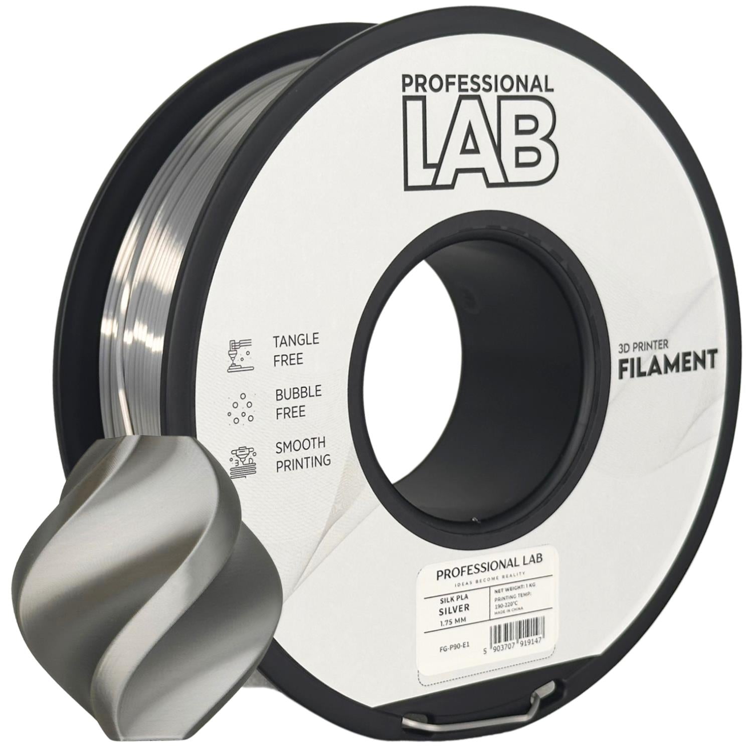 Spool of Silk PLA silver filament, Prof. Lab, 1.75 mm