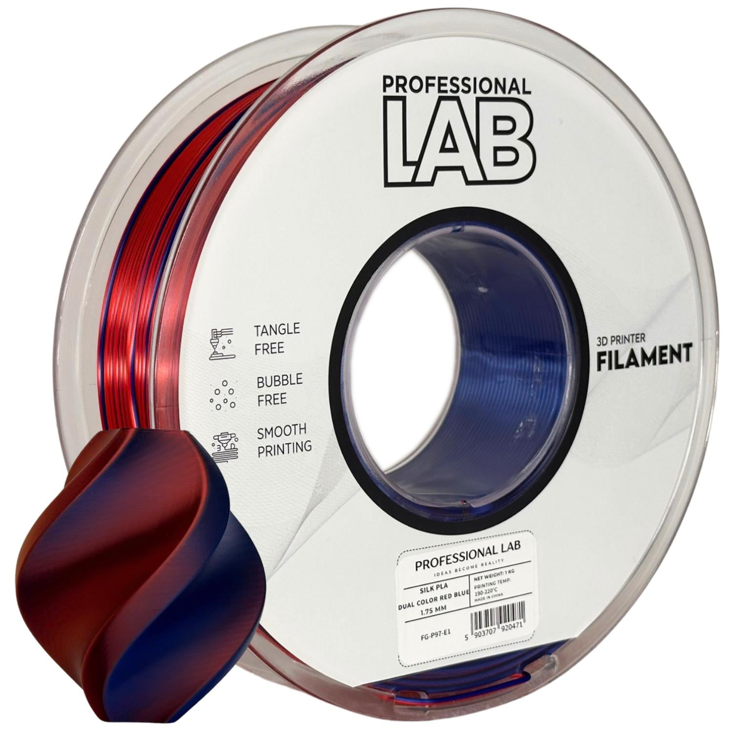 Spool of Silk PLA Dual Color red blue filament, Prof. Lab, 1.75 mm