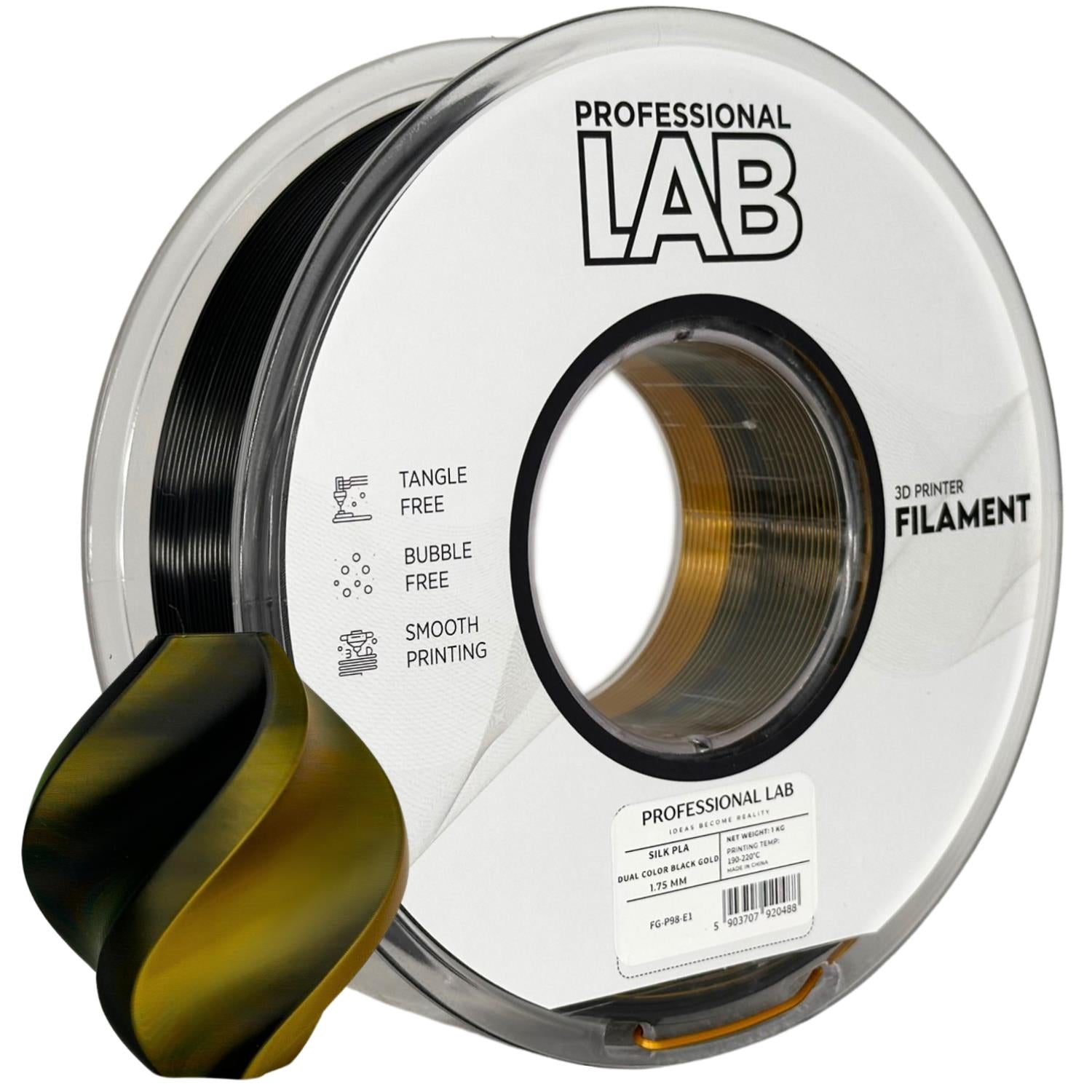 Bobina de filamento Silk PLA Dual Color preto dourado, Prof. Lab, 1,75 mm