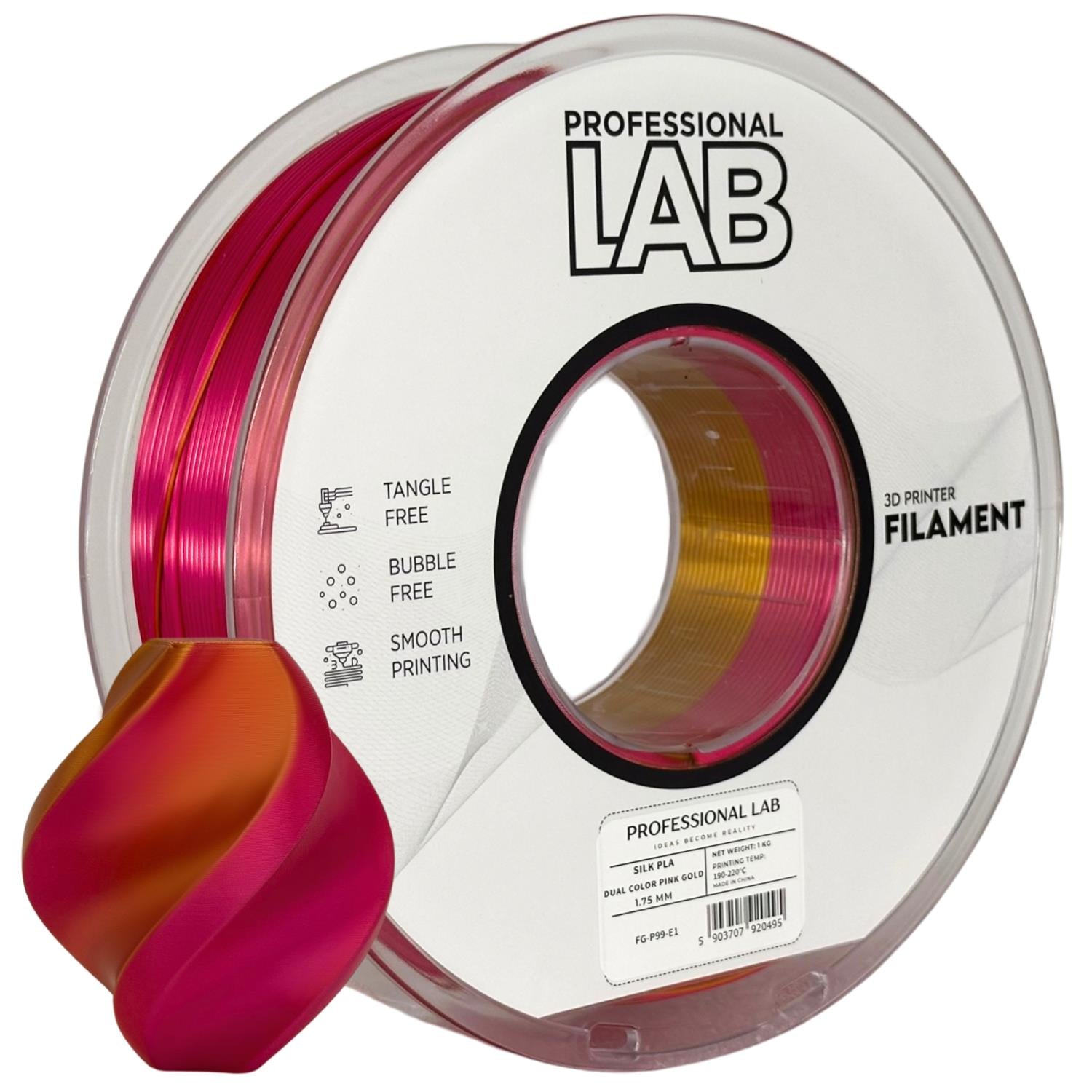 Spool of Silk PLA Dual Color pink gold filament, Prof. Lab, 1.75 mm