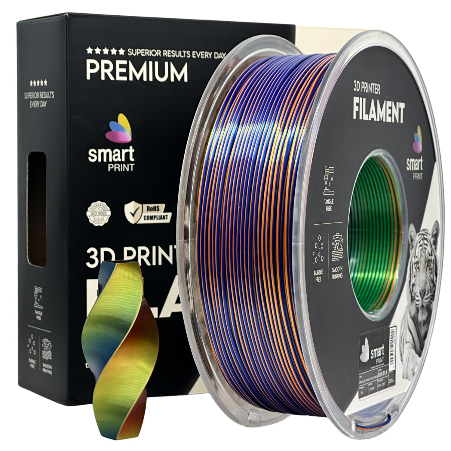 Spool of Silk PLA Tri Color orange blue green filament, Smart Print, 1.75 mm