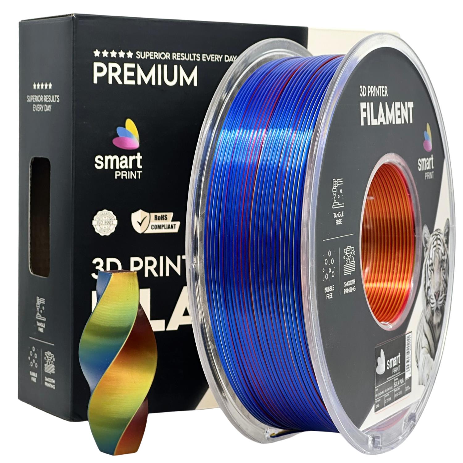 Spool of Silk PLA Tri Color red yellow blue filament, Smart Print, 1.75 mm
