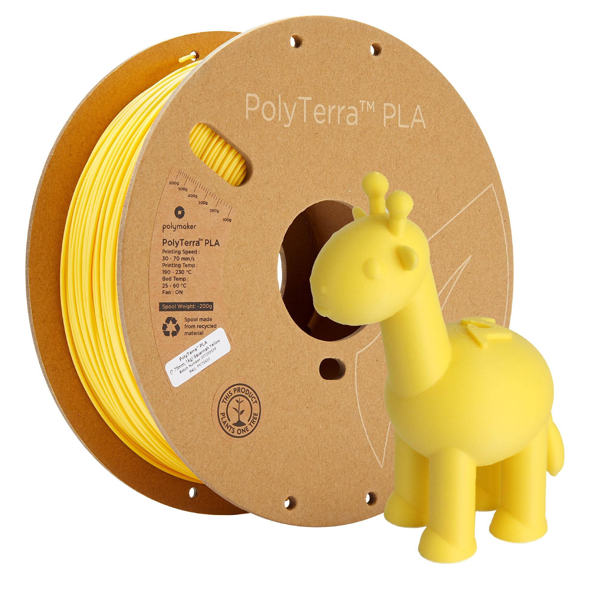 Spool of PLA matte yellow filament, Polymaker, 1.75 mm