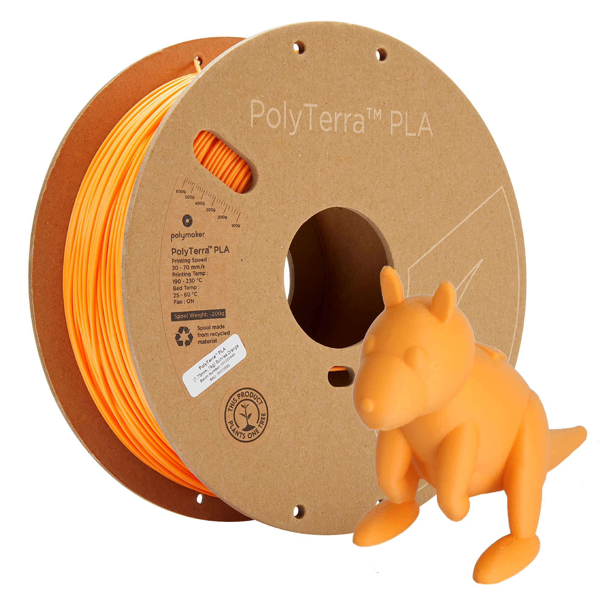 Bobina de filamento PLA laranja mate, Polymaker, 1,75 mm